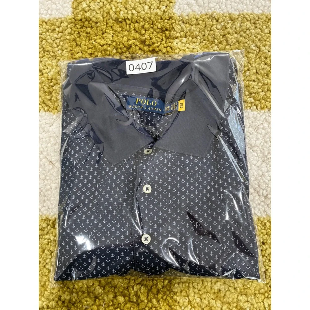 Polo Ralph Lauren Mens 3XB Navy Blue Anchor Print Mesh Polo Shirt Big & Tall